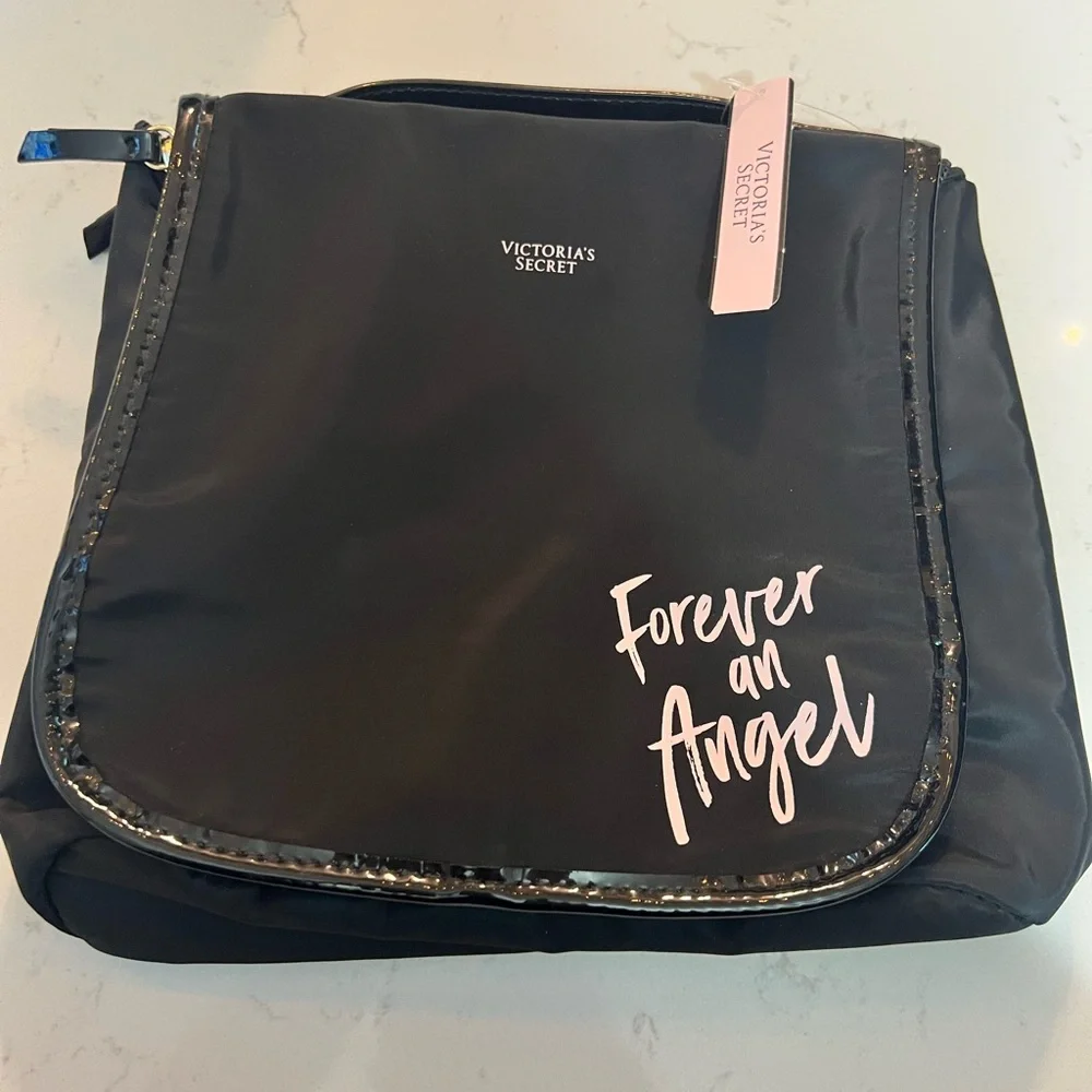 Victoria's Secret 🆕 Black Cosmetic Bag with Silver Zipper and Cursive Text